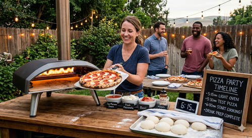 Wood-fired pizza oven heating up before pizza party with flames visible
