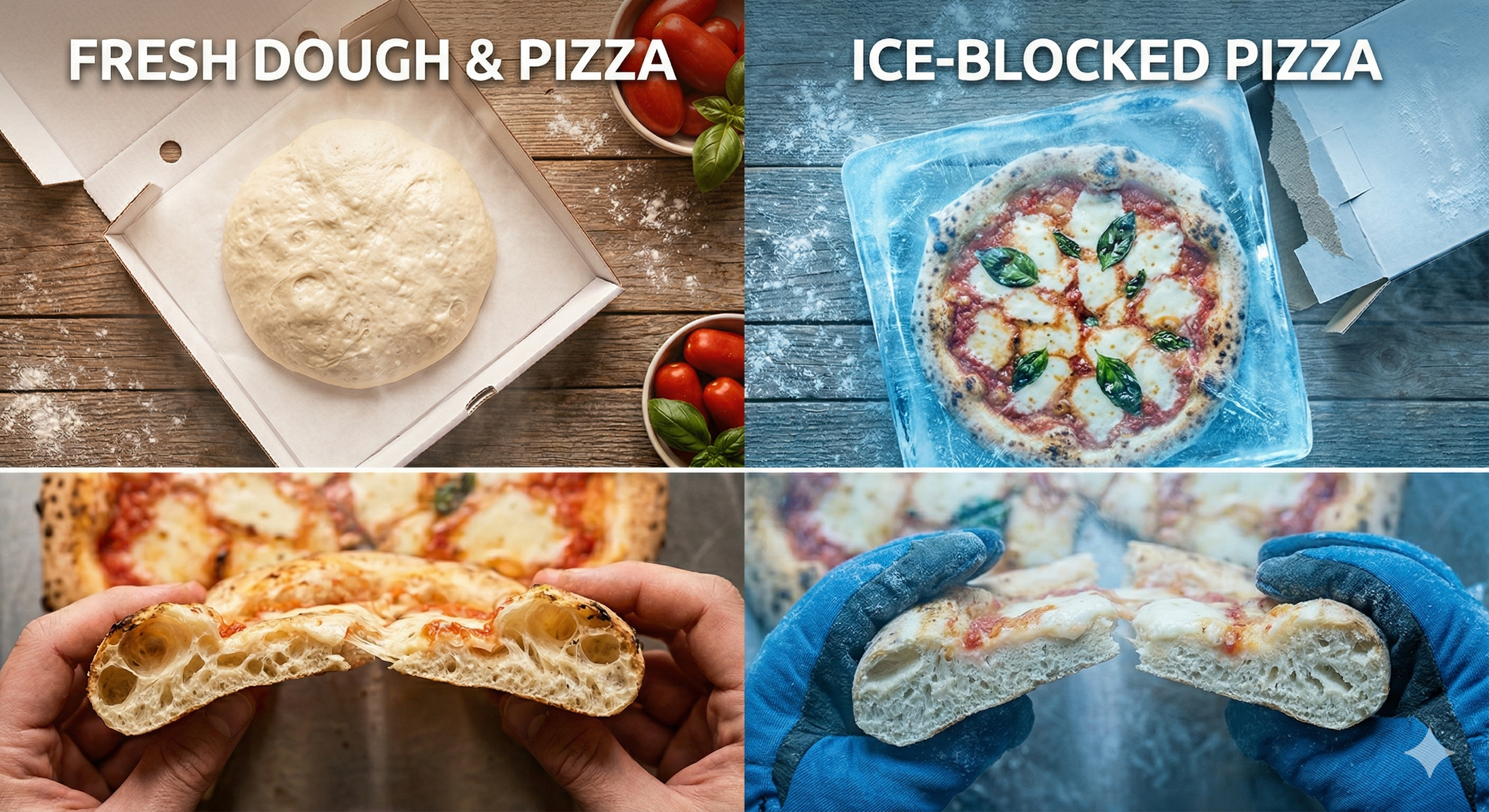 Comparison of fresh vs frozen pizza dough texture and bubble structure after baking