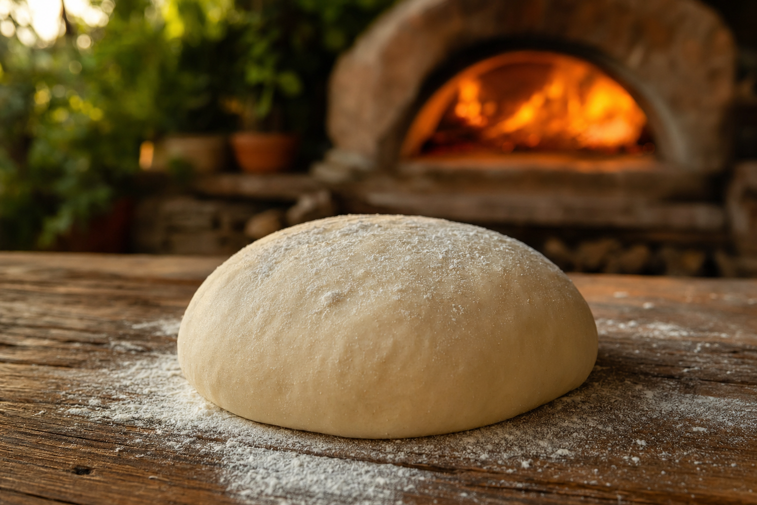Cold-fermented sourdough pizza dough ball resting in a floured proofing container