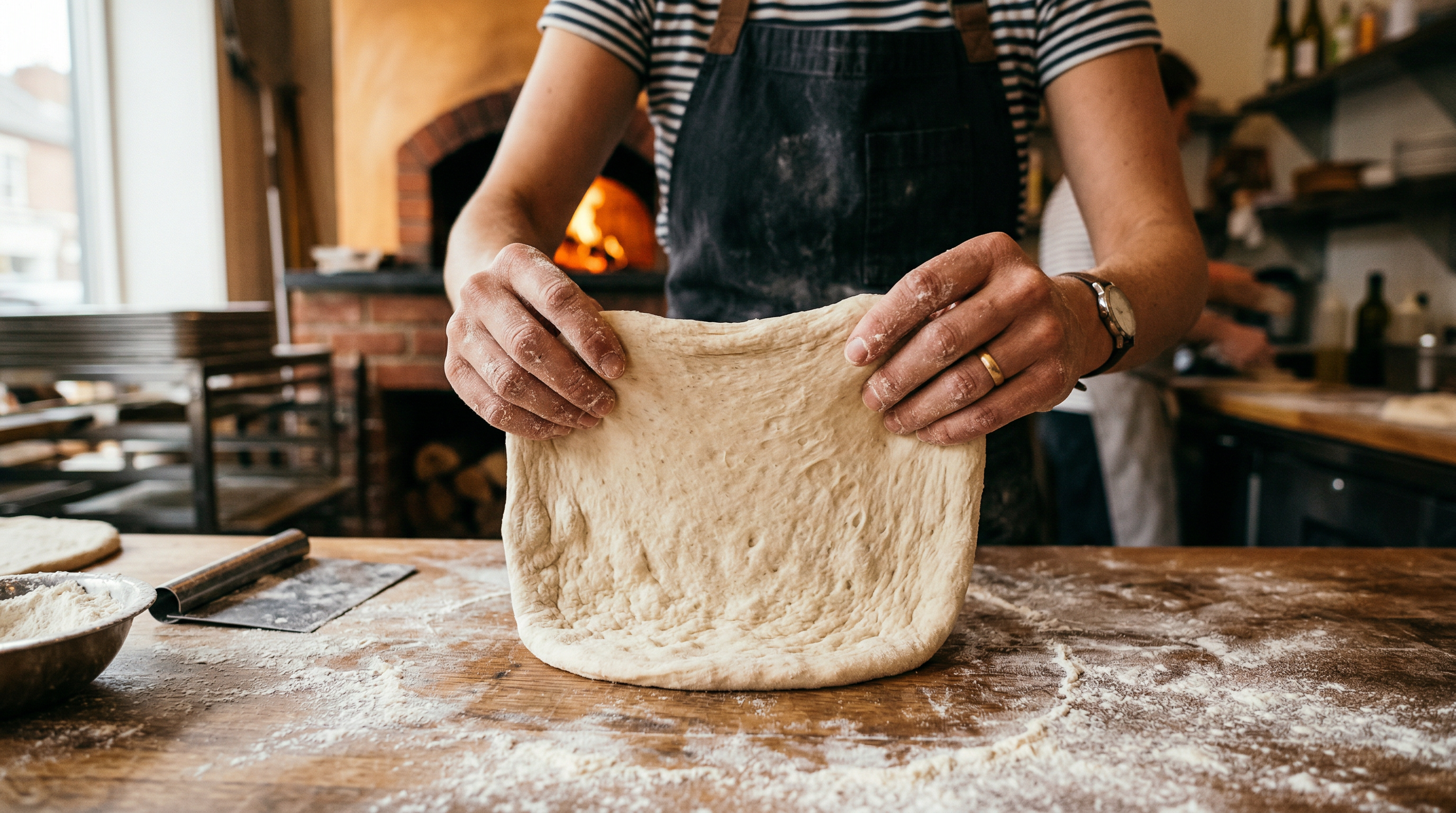 Home pizza maker stretching dough by hand without tearing on wooden board