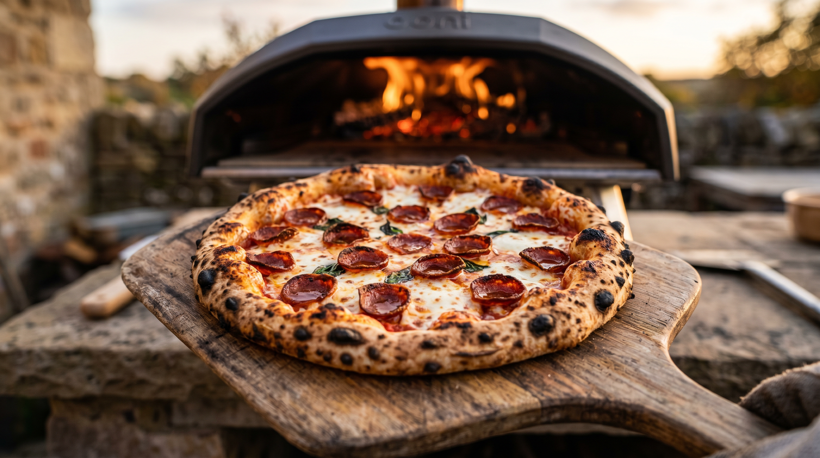 Leopard-spotted pizza crust baked in outdoor pizza oven with glowing fire